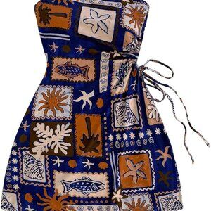 Women's Summer Mini Dress Tropical Strapless Drawstring Boho Beach Casual